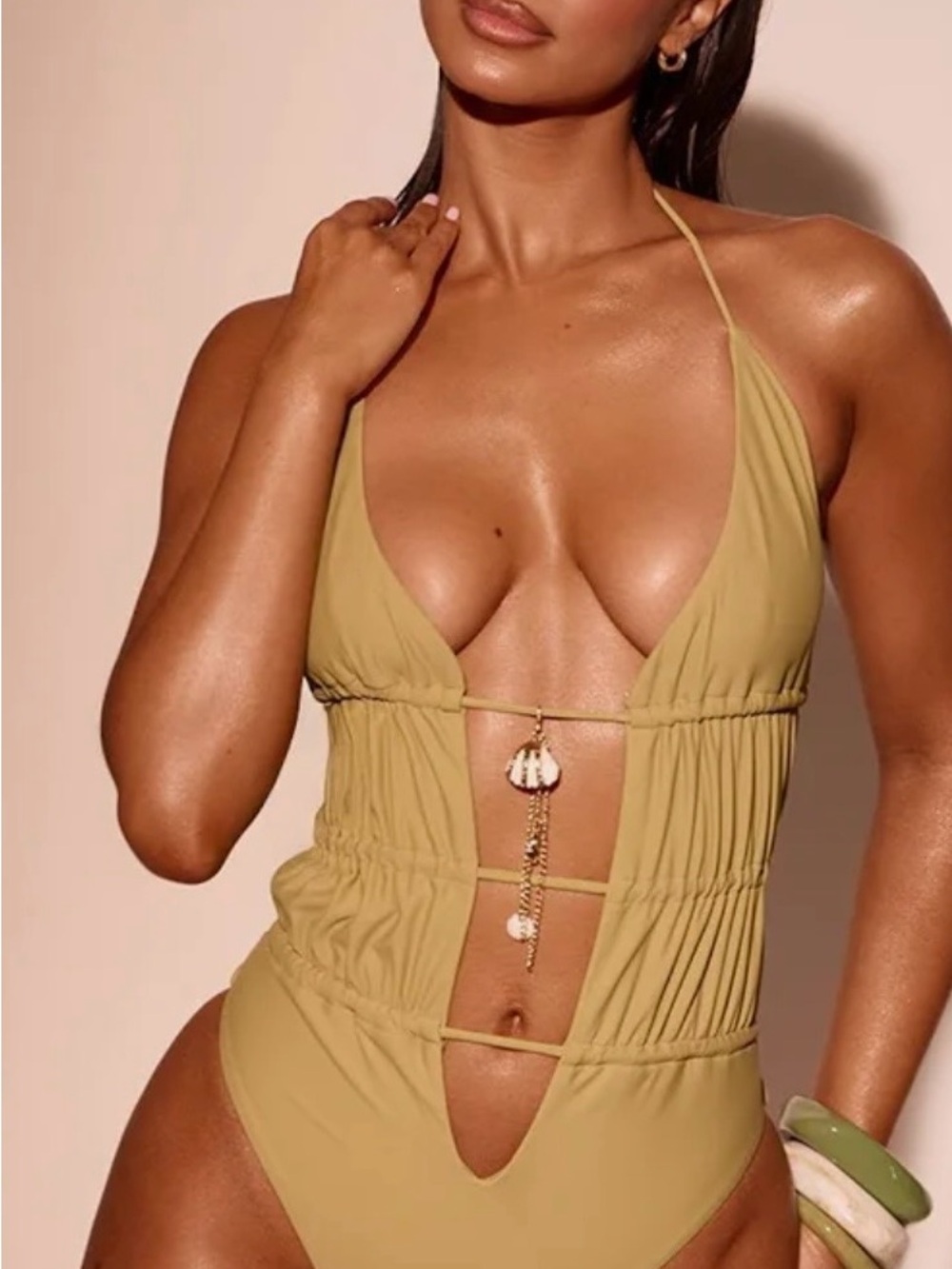 PrettyLittleThing Olive Green Ruched Plunge One-Piece Swimsuit